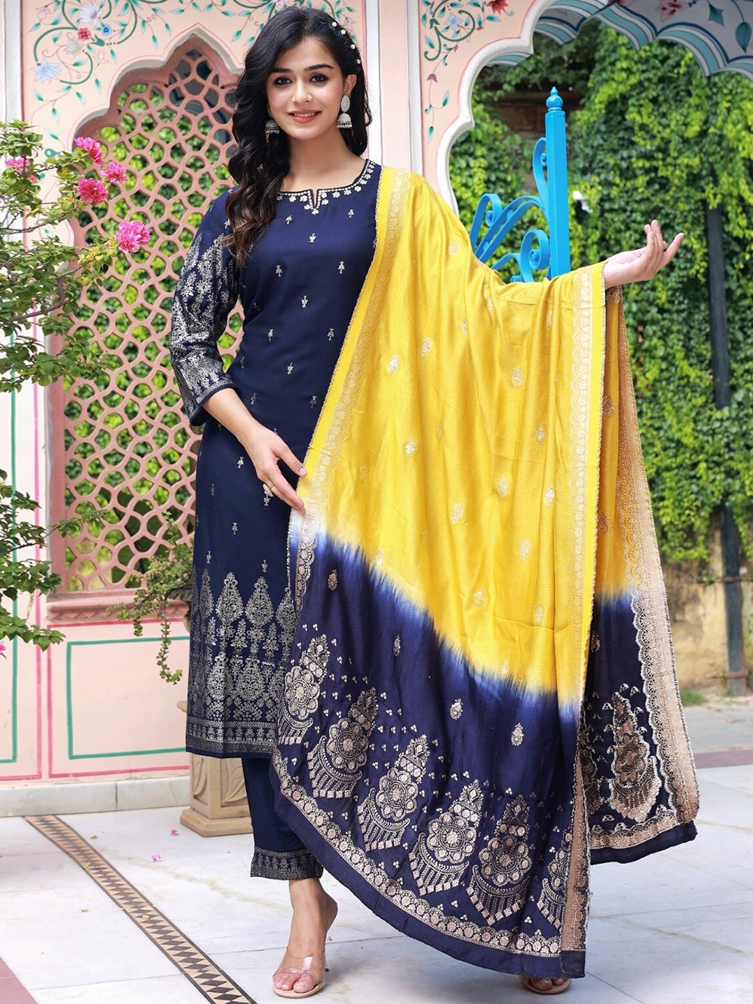 

Sangria Ethnic Motifs Printed Straight Kurta & trouser With Dupatta, Navy blue