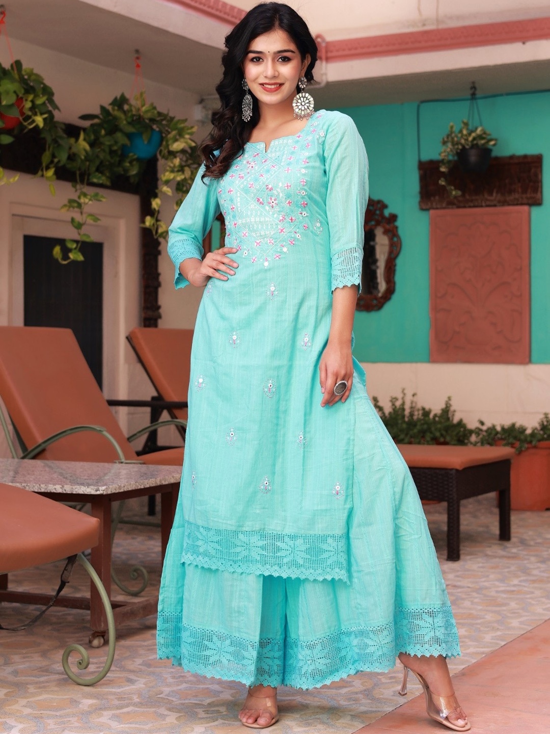 

Sangria Ethnic Motifs Embroidered Pure Cotton Straight Kurta With Palazzo, Turquoise blue