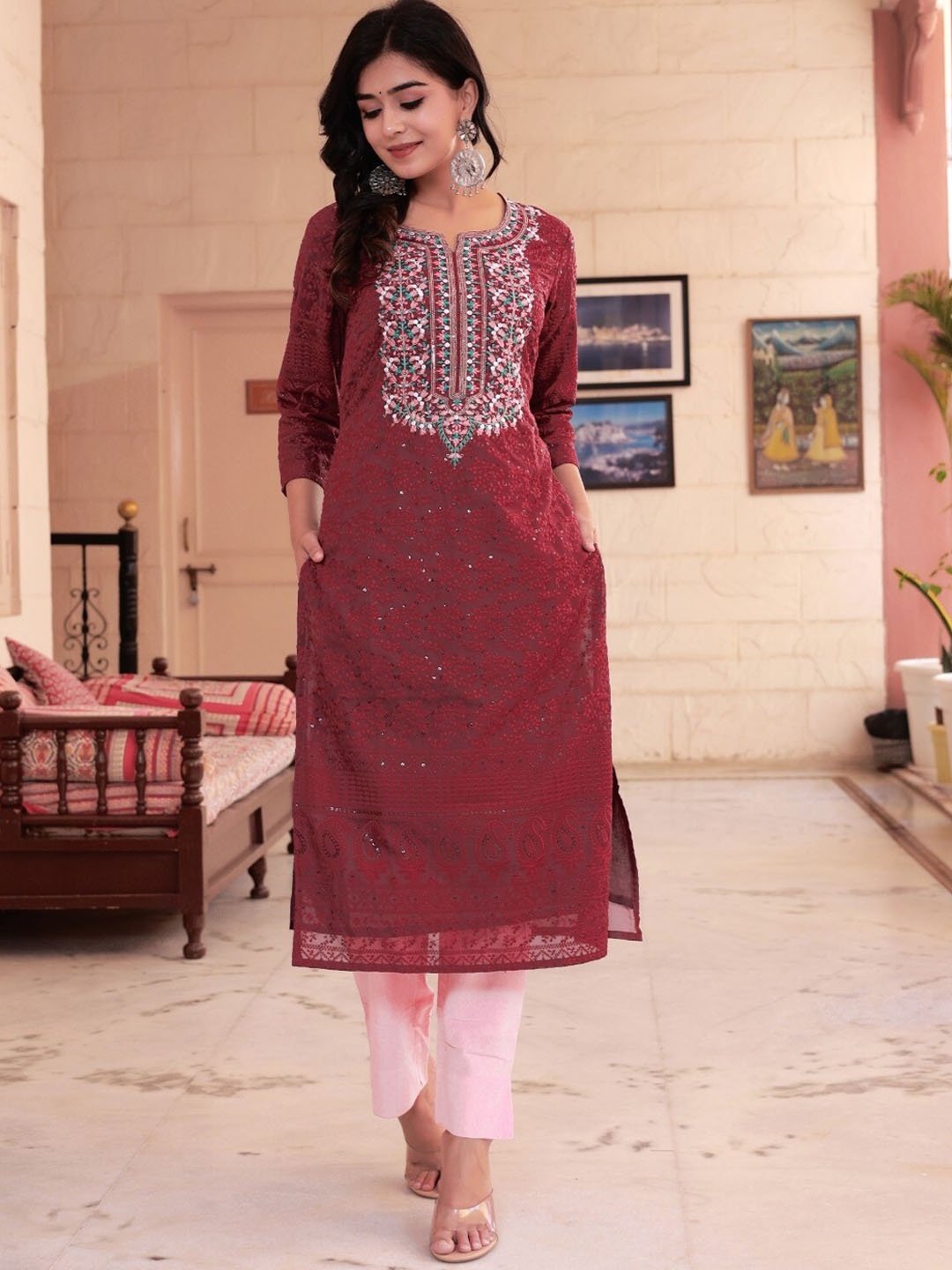

Sangria Burgundy Peach Floral Embroidered Sequinned Kurta