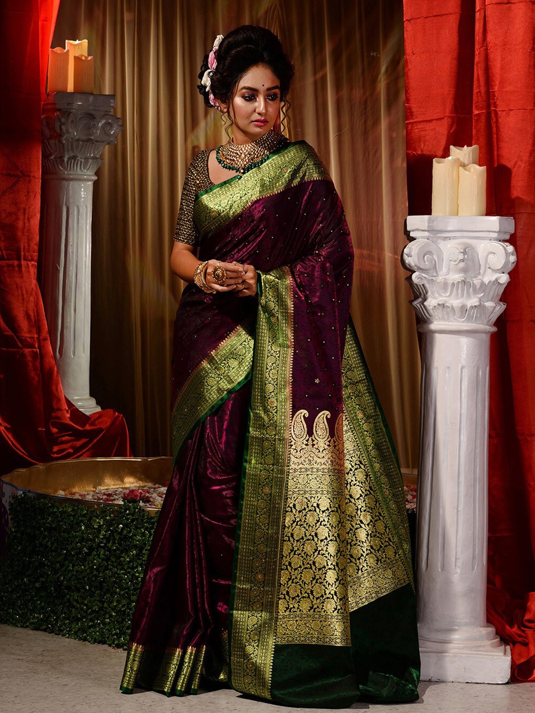 

HOUSE OF BEGUM Ethnic Motifs Woven Design Beads & Stones Kanjeevaram Saree, Burgundy