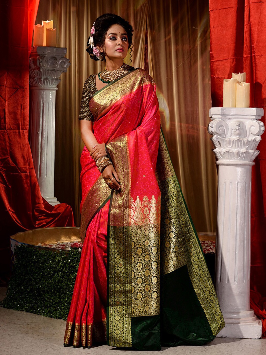 

HOUSE OF BEGUM Ethnic Motifs Woven Design Zari Kanjivaram Saree, Pink