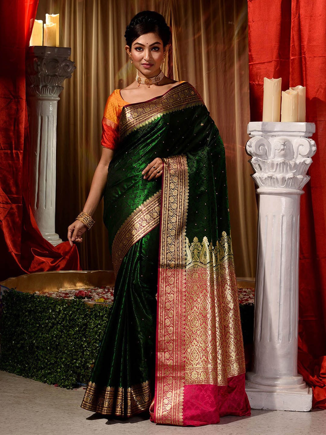 

HOUSE OF BEGUM Floral Woven Design Beads & Stones Kanjeevaram Saree, Green