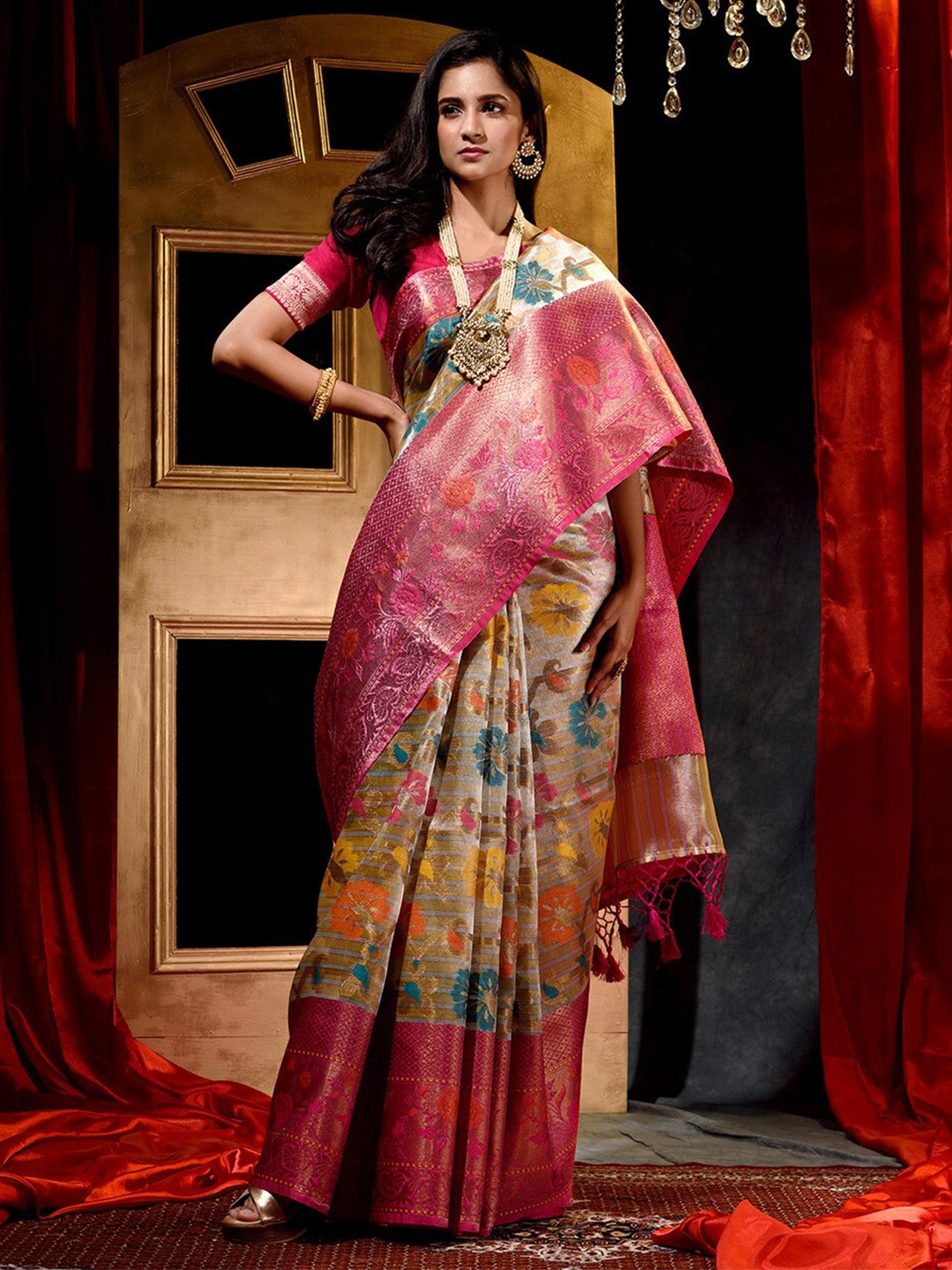 

HOUSE OF BEGUM Floral Woven Design Zari Detail Tissue Saree, Yellow