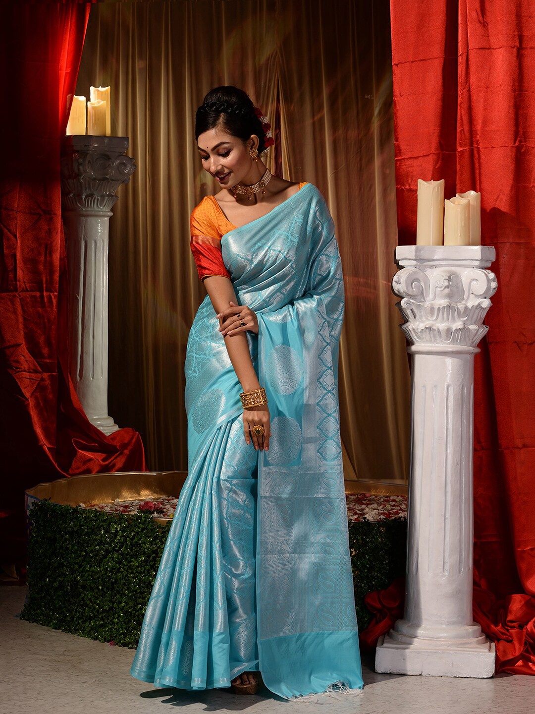 

HOUSE OF BEGUM Ethnic Motifs Woven Design Zari Detail Banarasi Saree, Blue