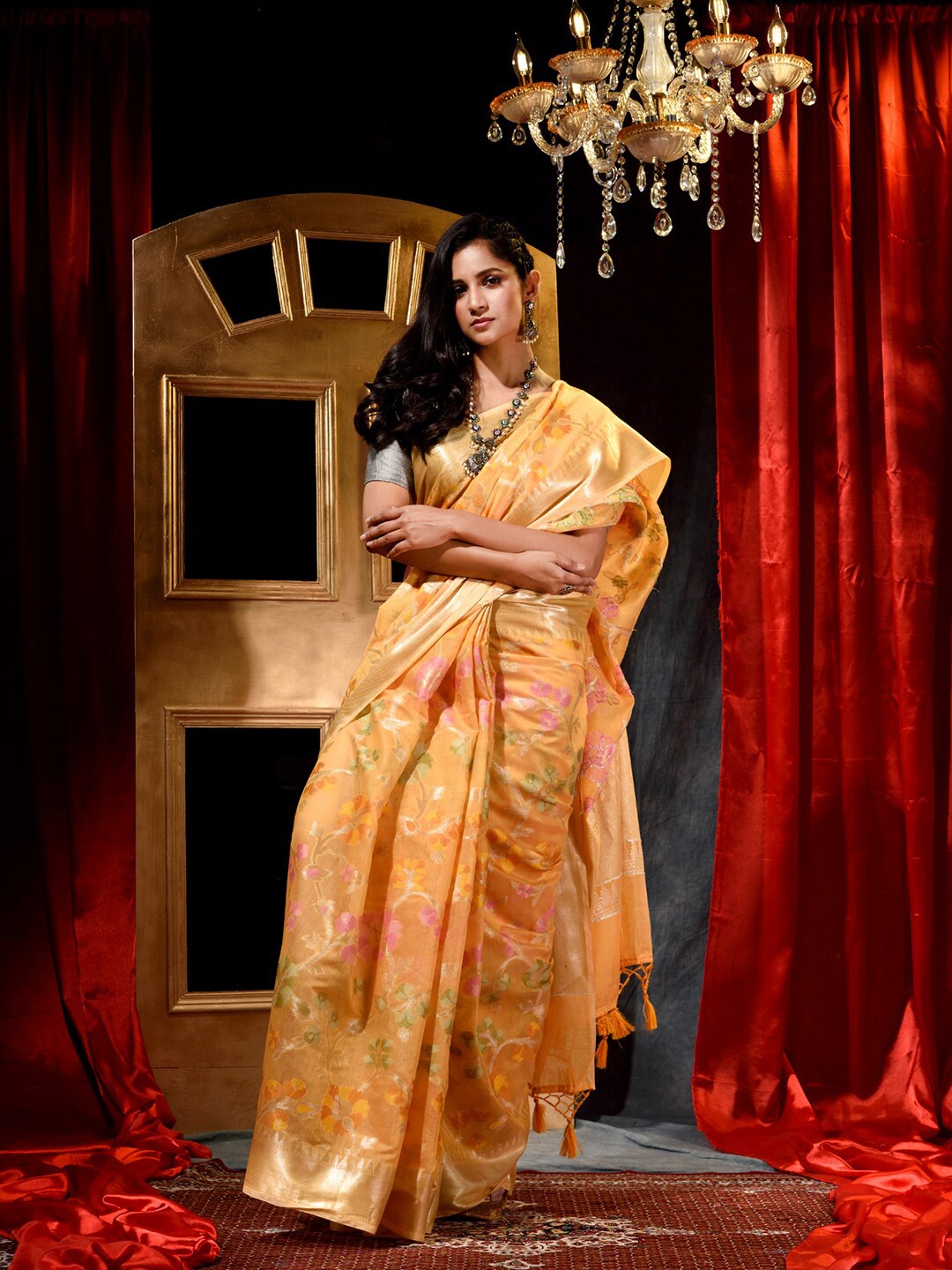 

HOUSE OF BEGUM Ethnic Motifs Woven Design Zari Banarasi Saree, Orange