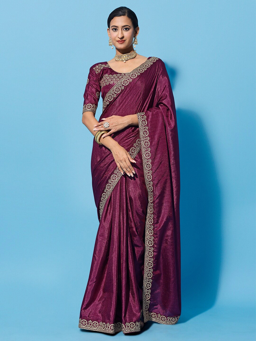 

Mitera Purple & Gold-Toned Embroidered Silk Cotton Saree