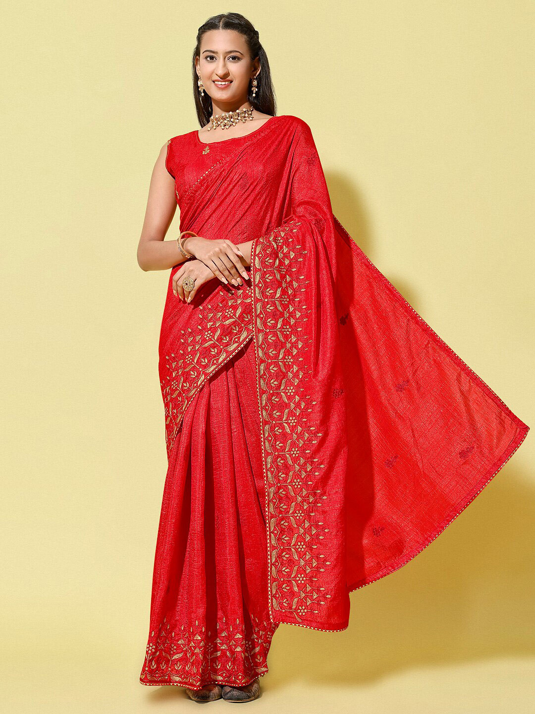 

Mitera Red & Gold-Toned Embroidered Silk Cotton Saree