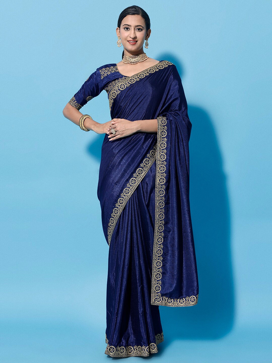 

Mitera Navy Blue & Gold-Toned Embroidered Detail Silk Cotton Saree