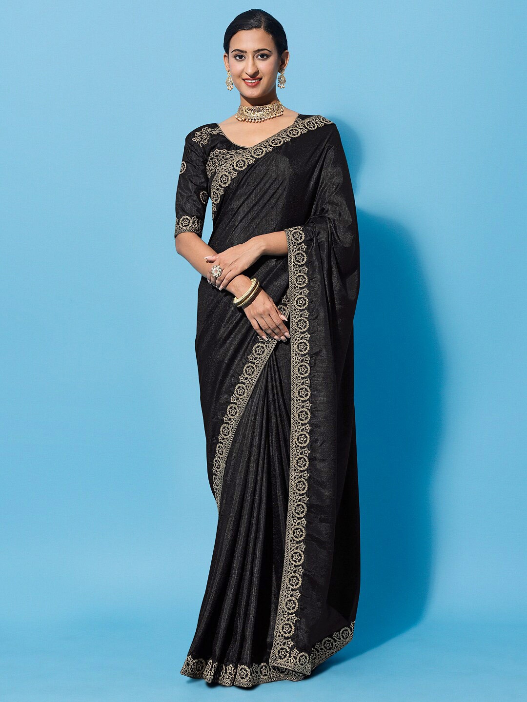 

Mitera Black Embroidered Silk Cotton Saree