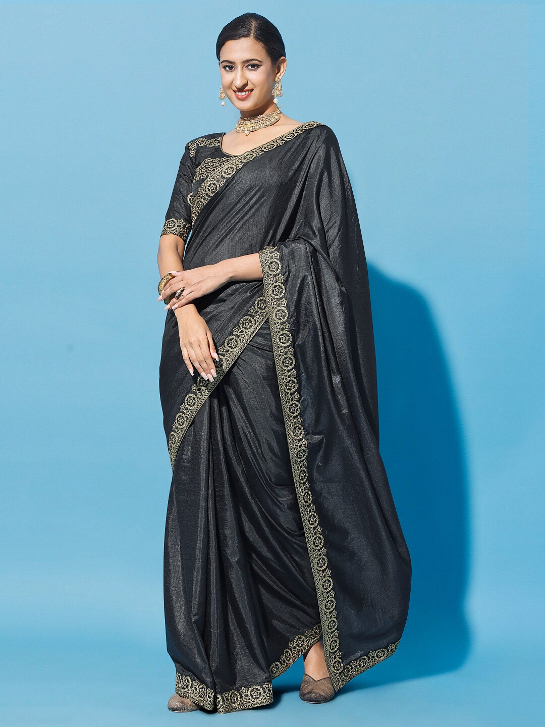 

Mitera Grey & Gold-Toned Embroidered Silk Cotton Saree