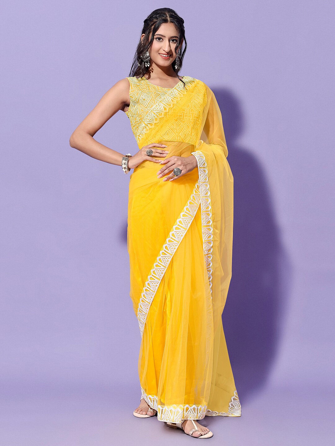 

Mitera Yellow & Gold-Toned Embroidered Net Saree
