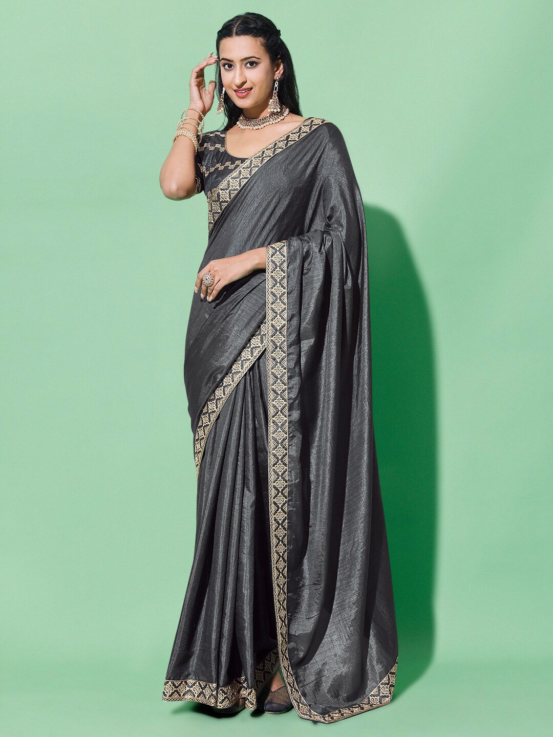 

Mitera Grey Embroidered Silk Cotton Saree