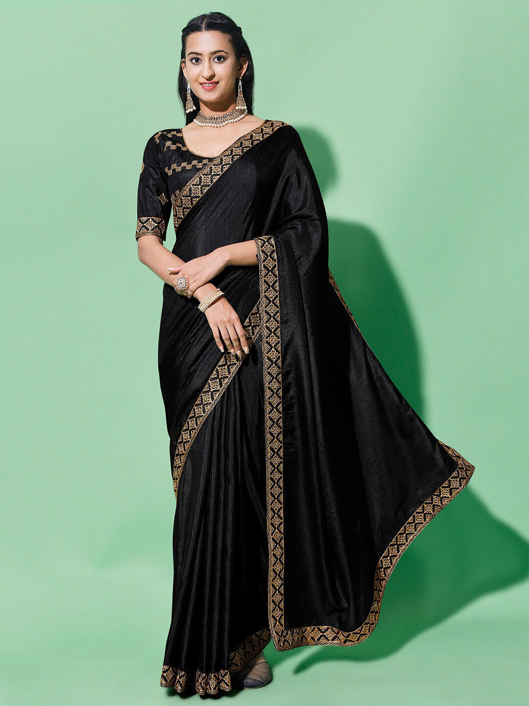 

Mitera Embroidered Border Silk Cotton Saree, Black