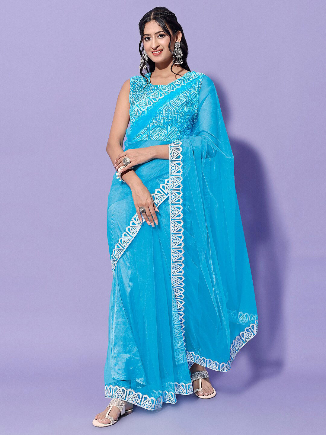 

Mitera Blue & Silver-Toned Embroidered Border Net Saree