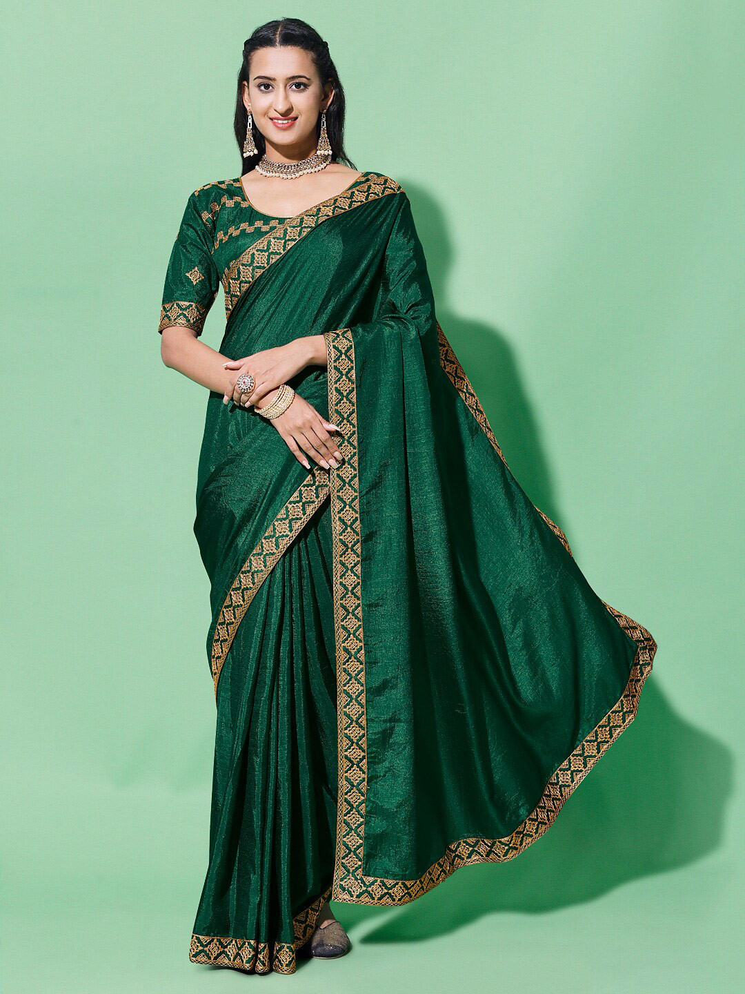

Mitera Embroidered Silk Cotton Heavy Work Saree, Green