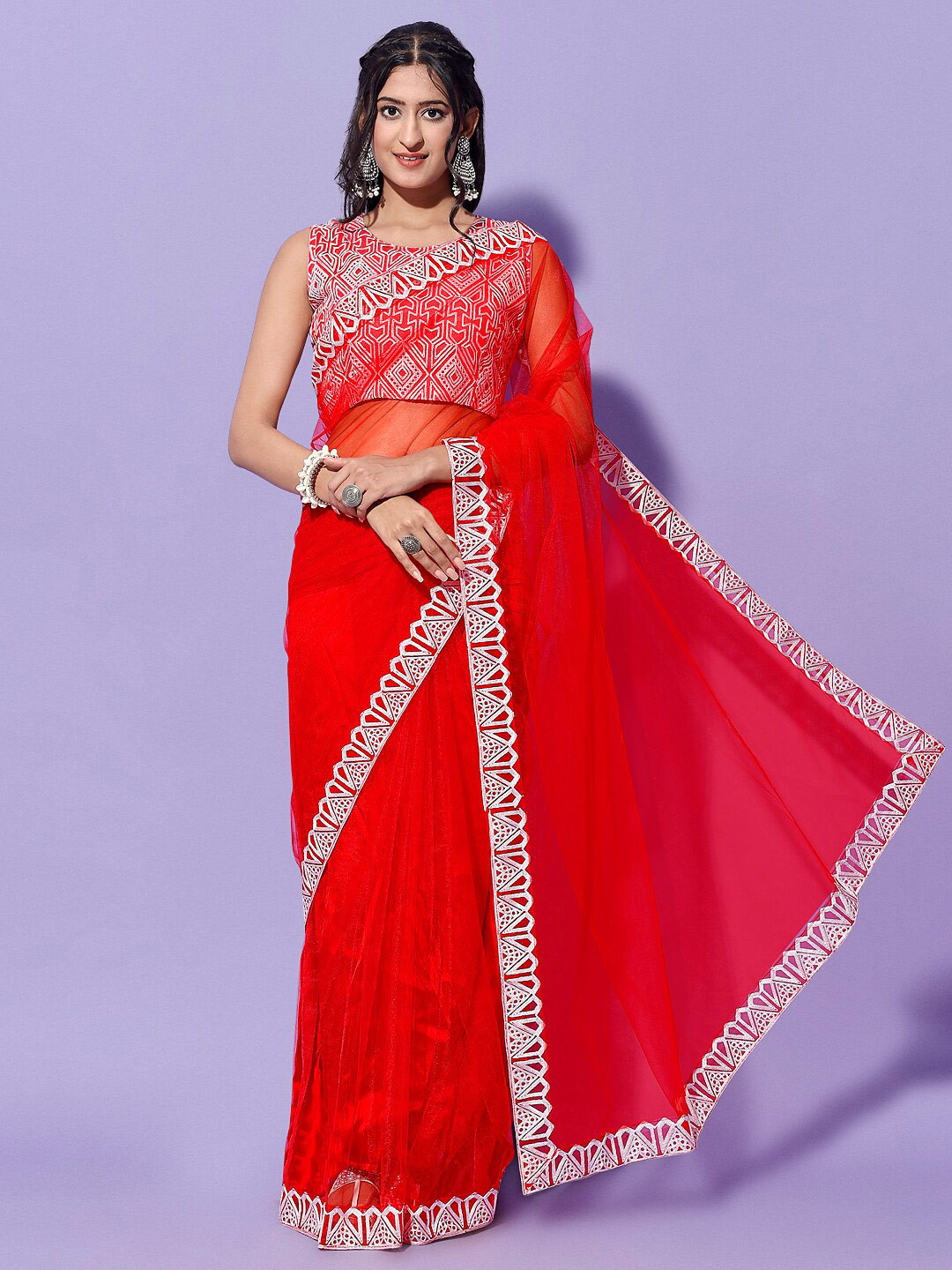 

Mitera Red & White Embroidered Border Net Saree