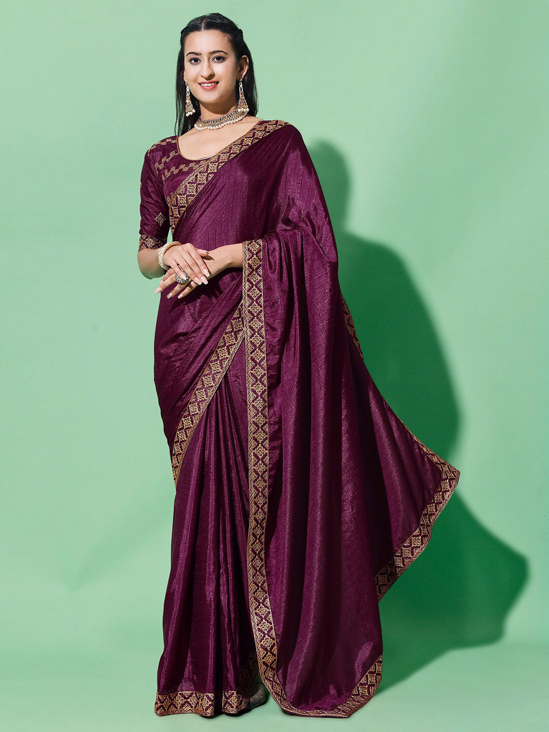 

Mitera Purple & Gold-Toned Embroidered Silk Cotton Saree