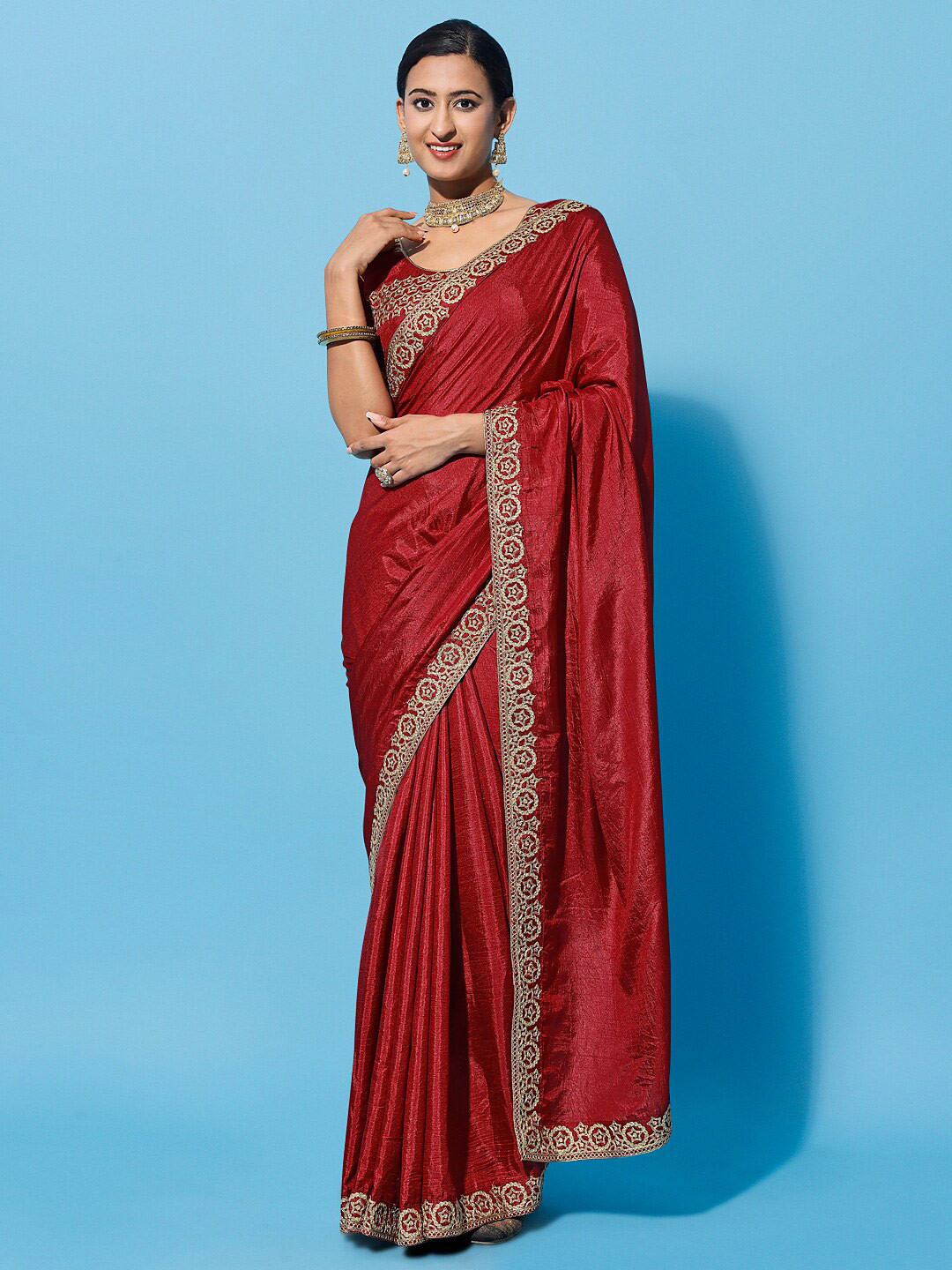 

Mitera Red & Gold-Toned Embroidered Silk Cotton Saree