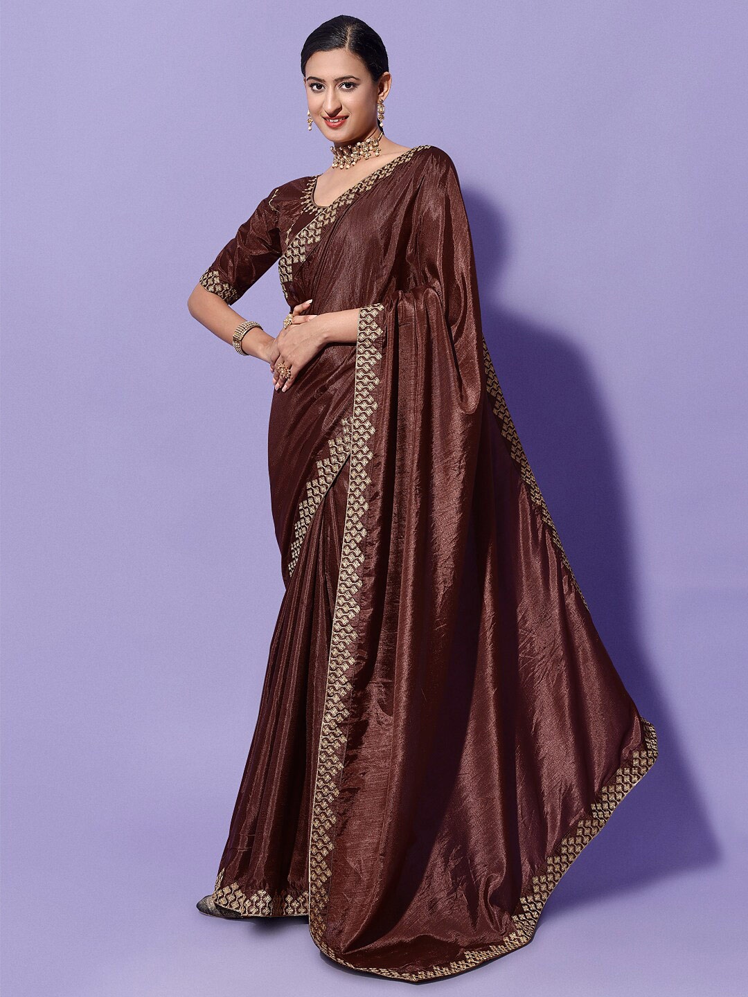 

Mitera Brown Embroidered Silk Cotton Saree