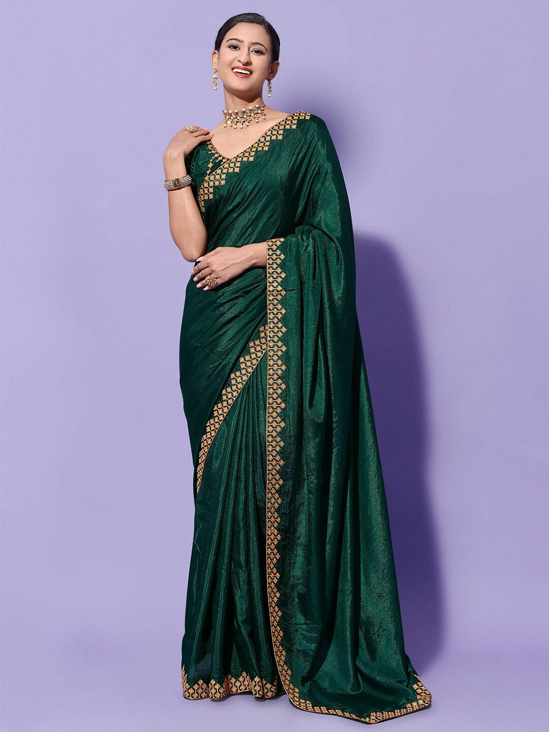 

Mitera Green & Gold-Toned Embroidered Silk Cotton Saree