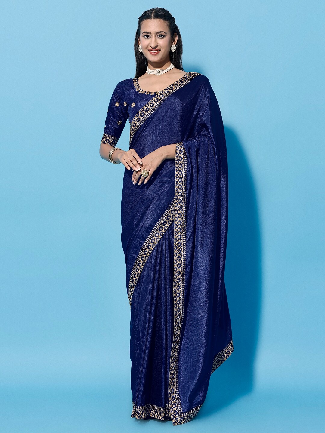 

Mitera Navy Blue & Gold-Toned Embroidered Silk Cotton Saree