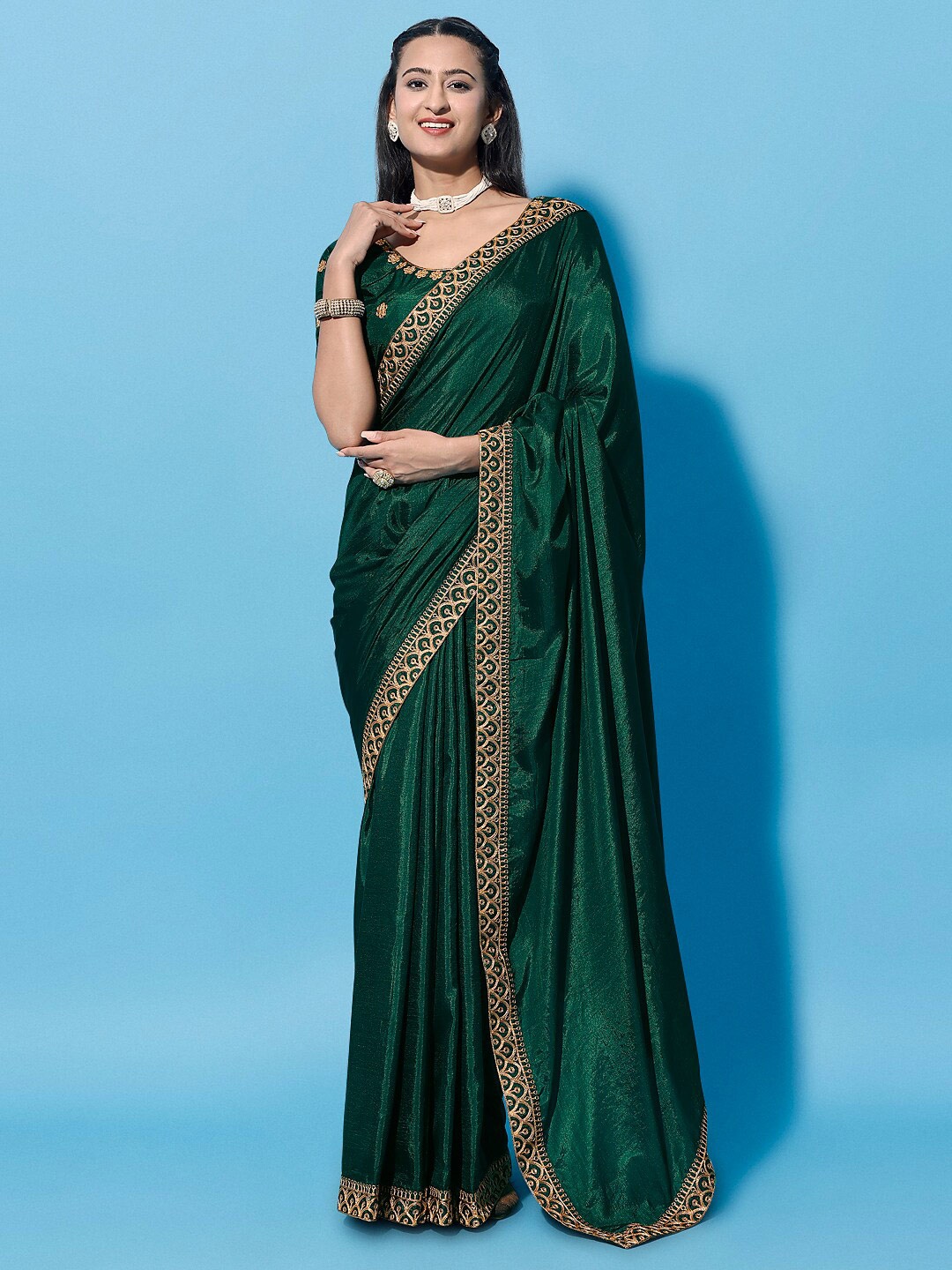 

Mitera Embroidered Silk Cotton Saree, Green