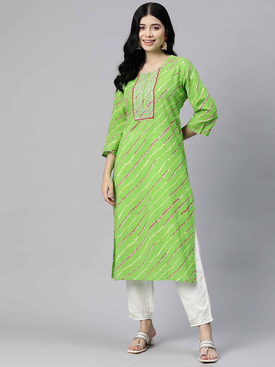 Readiprint Fashions Leheriya Printed Zari Pure Cotton Kurta, Green