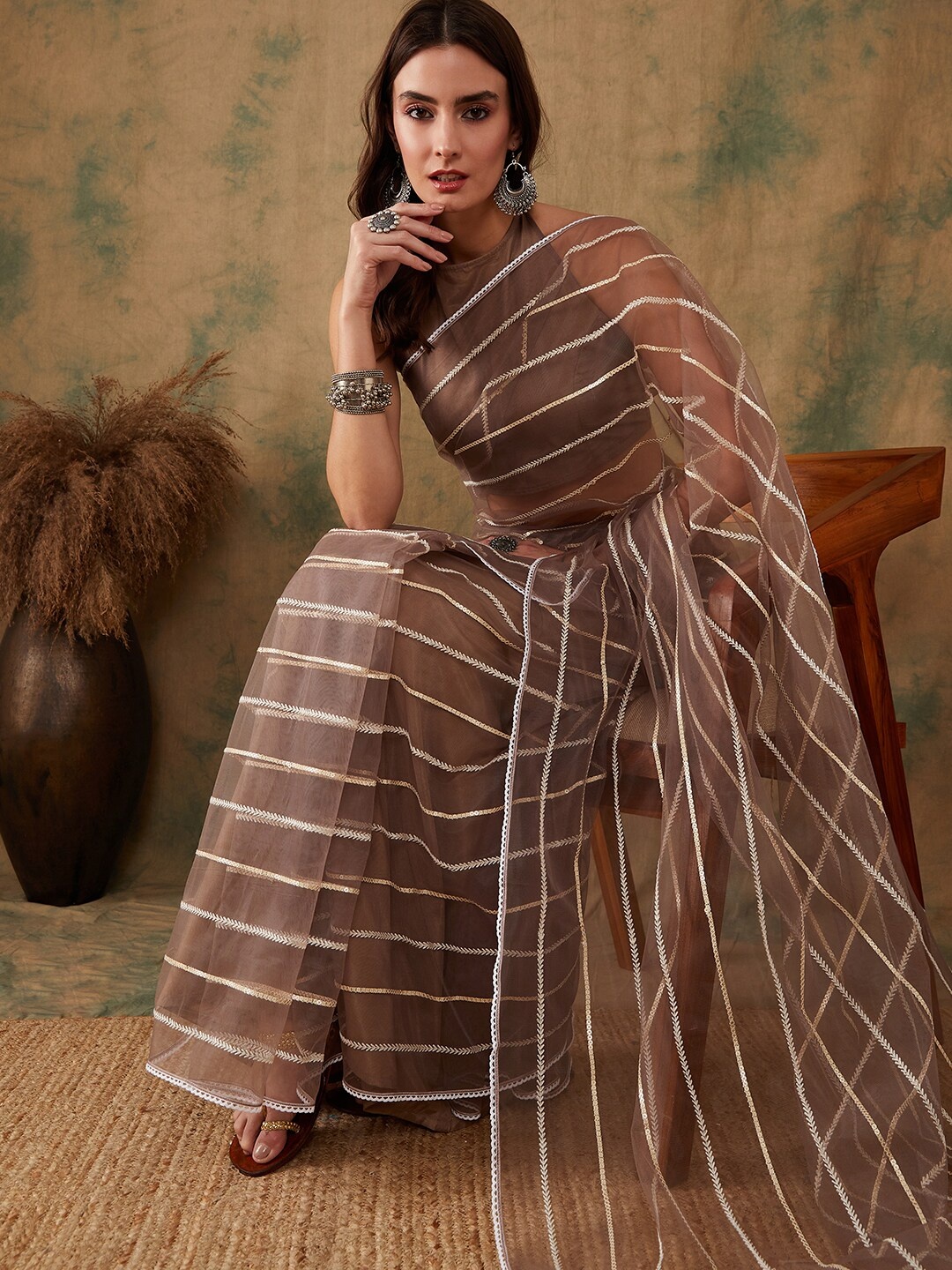 

Sangria Women Sequins and Thread Embroidered Stripes Saree with Blouse Piece, Taupe
