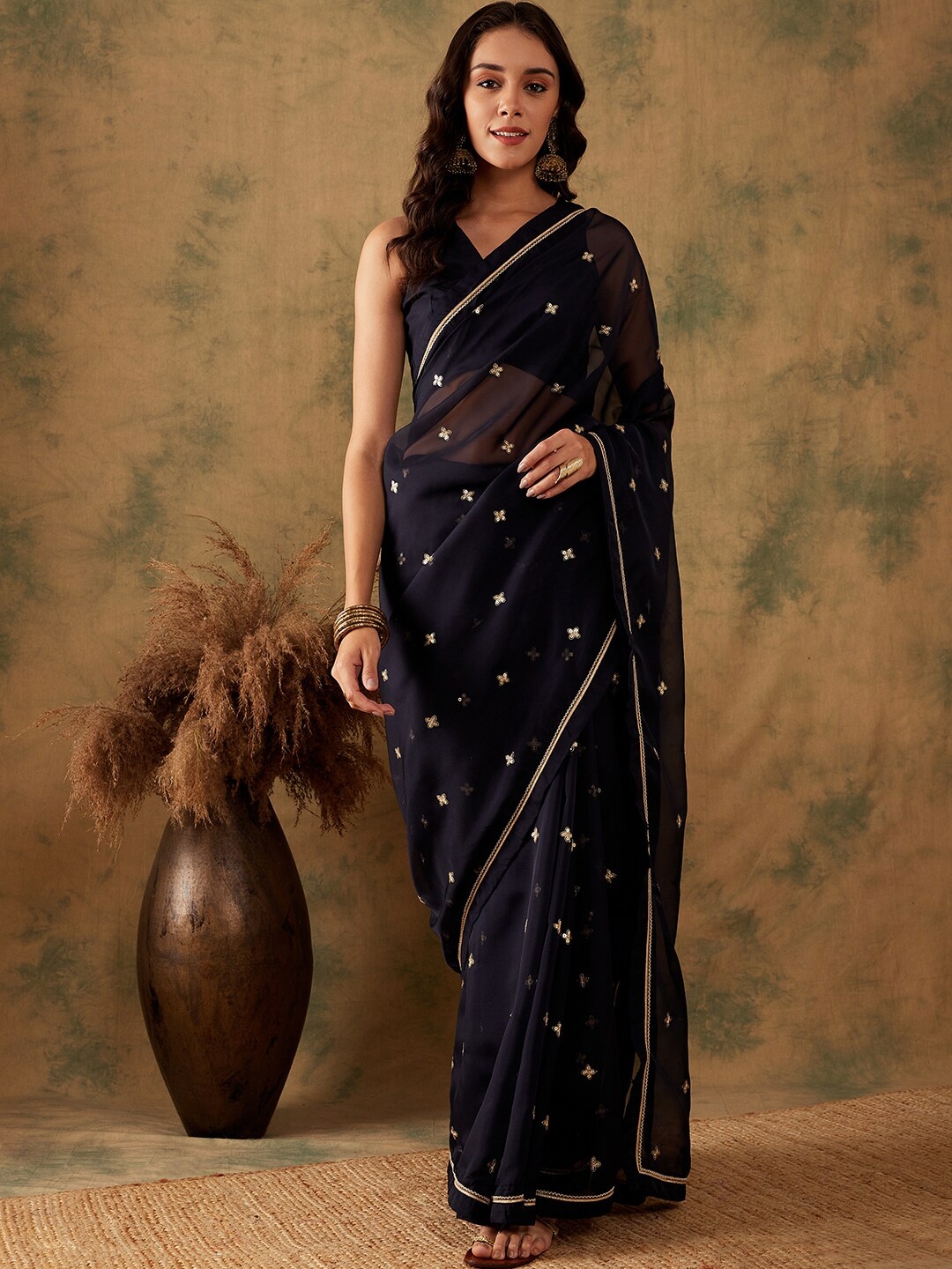

Sangria Floral Sequin Embroidered Organza Sarees, Navy blue