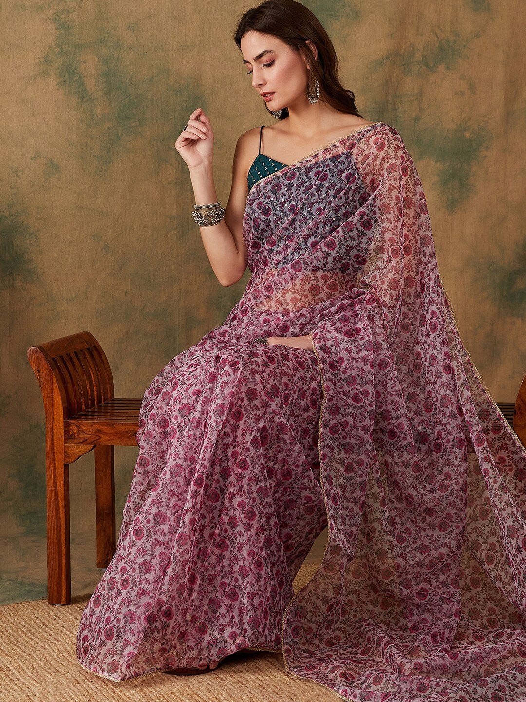 

Sangria Women Floral Printed Saree with Sequins Embroidered Blouse Piece, Pink