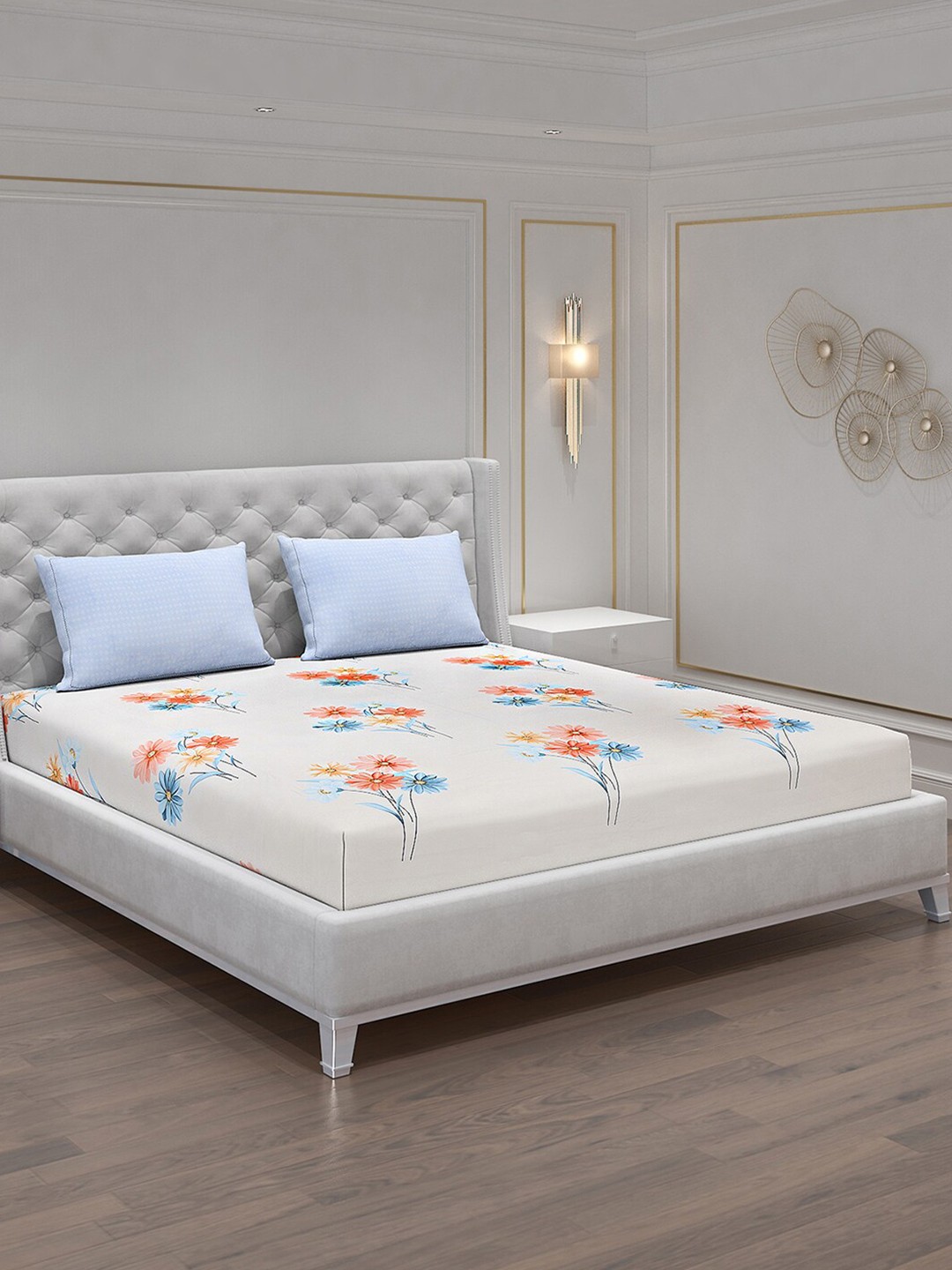 

Monte Carlo Edmond Floral 130 TC King Bedsheet with 2 Pillow Covers, Off white