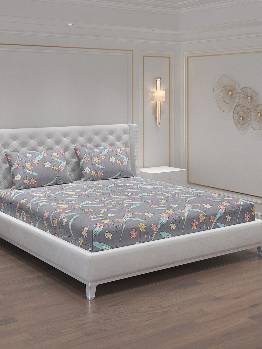 

Monte Carlo Grey & Blue Floral Polyester 140 TC King Bedsheet With 2 Pillow Covers