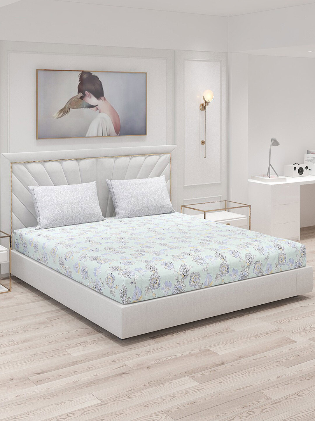 

Monte Carlo Blue & Green Floral Cotton 210 TC King Bedsheet With 2 Pillow Covers
