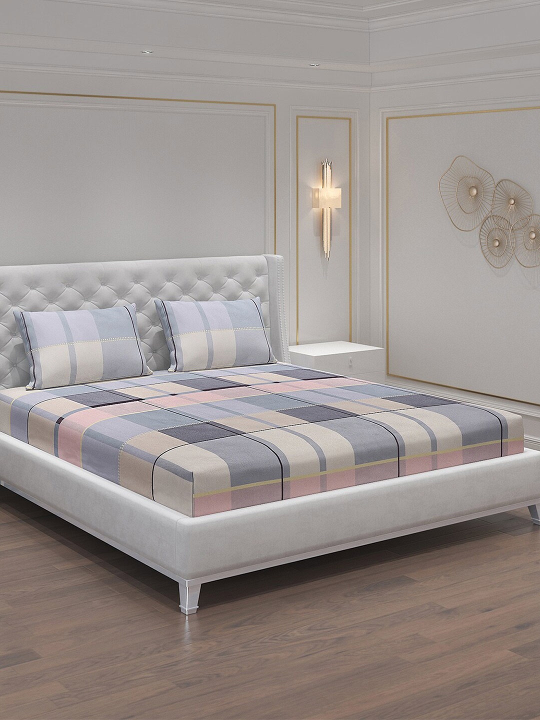

Monte Carlo Vincent Grey & Cream-Coloured 140 TC King Bedsheet with 2 Pillow Covers