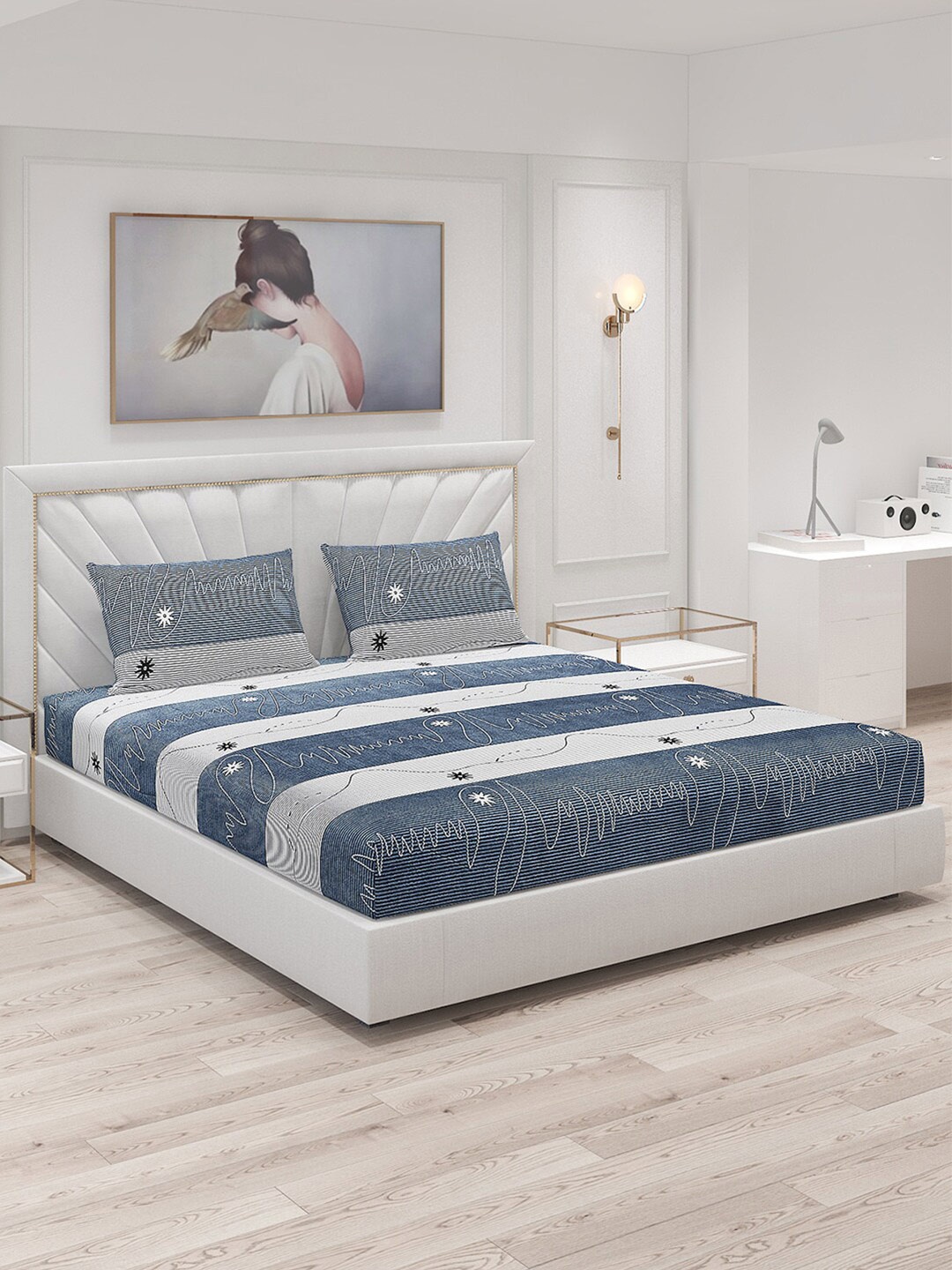 

Monte Carlo Teal & White Striped 120 TC King Bedsheet with 2 Pillow Covers
