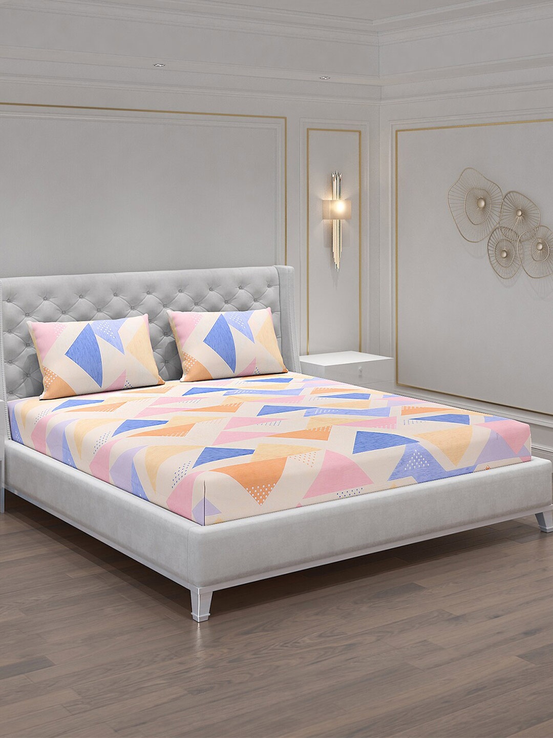 

Monte Carlo Pink & Blue Geometric 120 TC King Bedsheet With 2 Pillow Covers