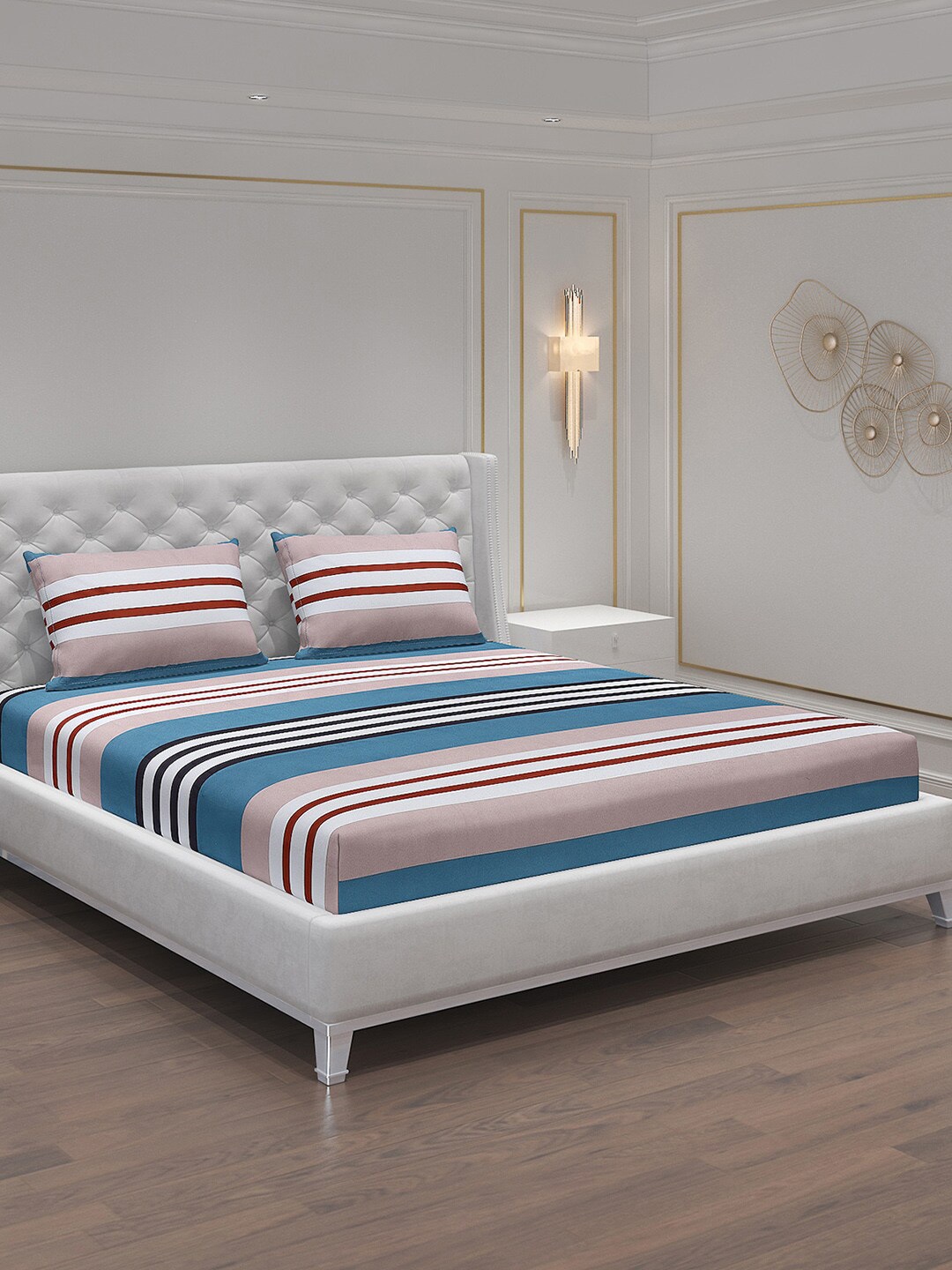 

Monte Carlo Vincent Teal Blue & White Striped 140 TC King Bedsheet with 2 Pillow Covers