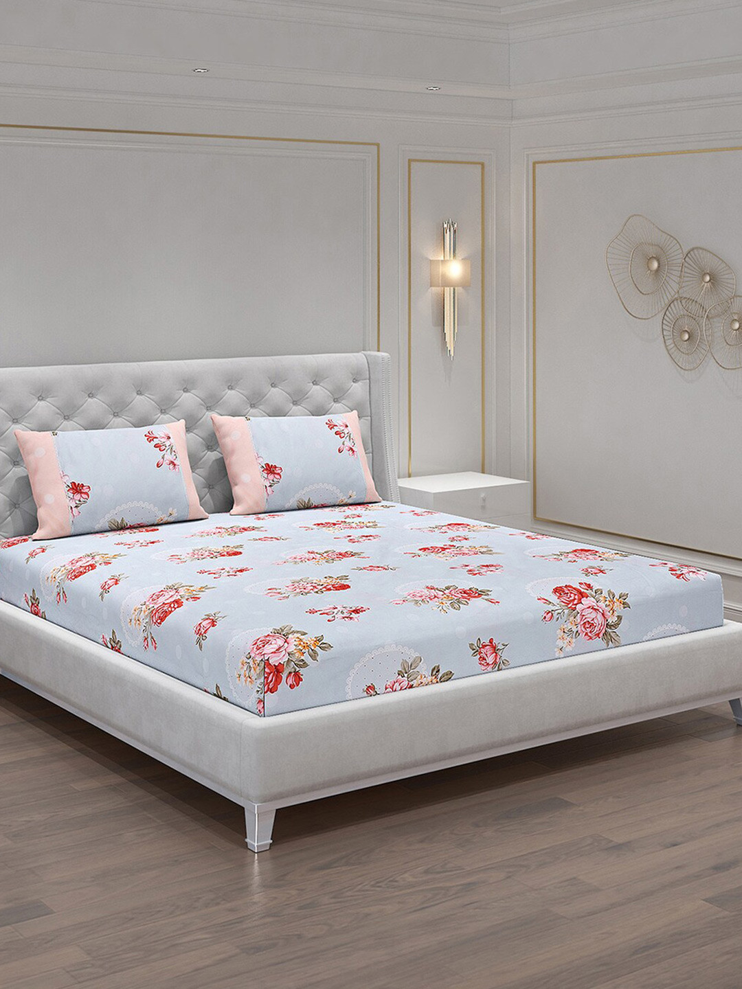 

Monte Carlo Blue & Red Floral 130 TC King Bedsheet With 2 Pillow Covers
