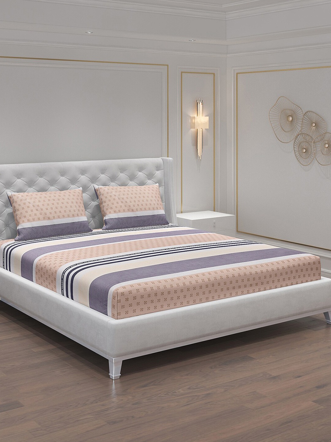 

Monte Carlo Beige & Purple Striped 140 TC King Bedsheet with 2 Pillow Covers