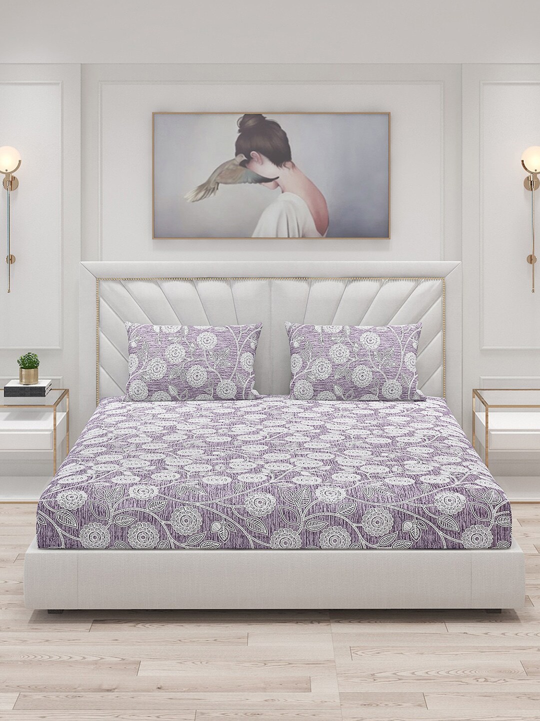 

Monte Carlo Purple & White Floral Printed 120 TC King Bedsheet with 2 Pillow Covers