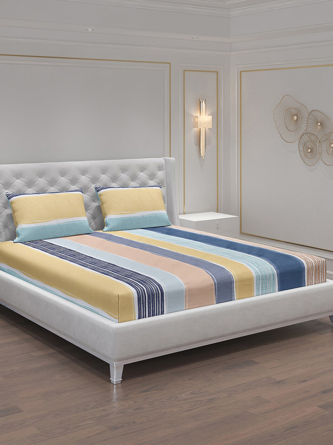 

Monte Carlo Blue & Yellow Striped 140 TC King Bedsheet with 2 Pillow Covers