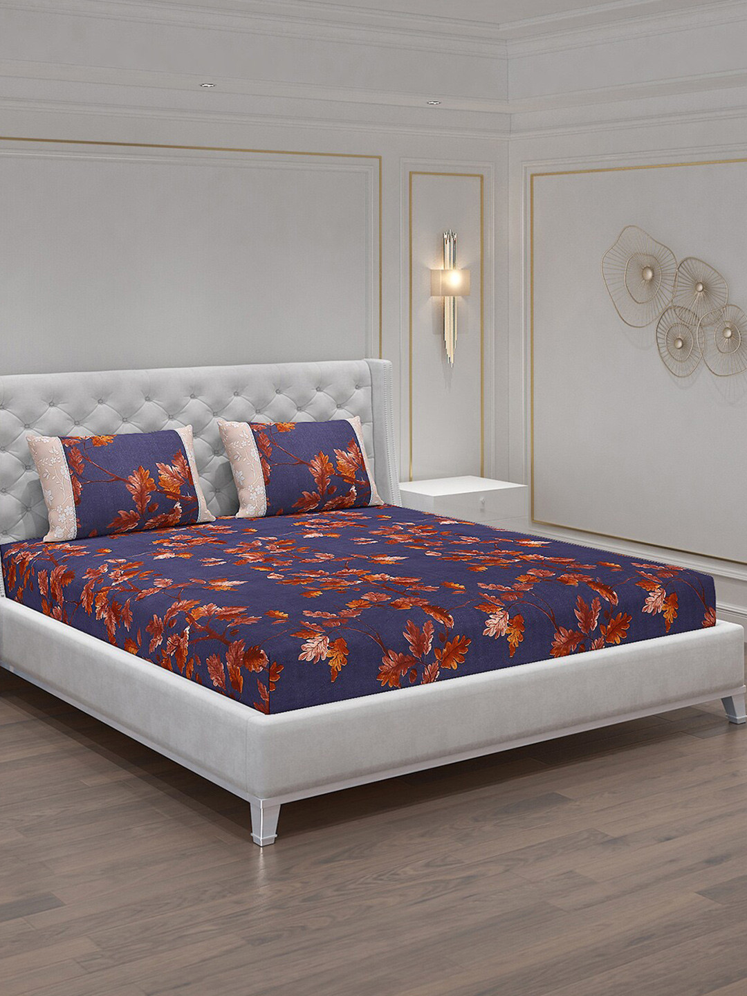 

Monte Carlo Blue & Red Floral Printed 130 TC King Bedsheet with 2 Pillow Covers