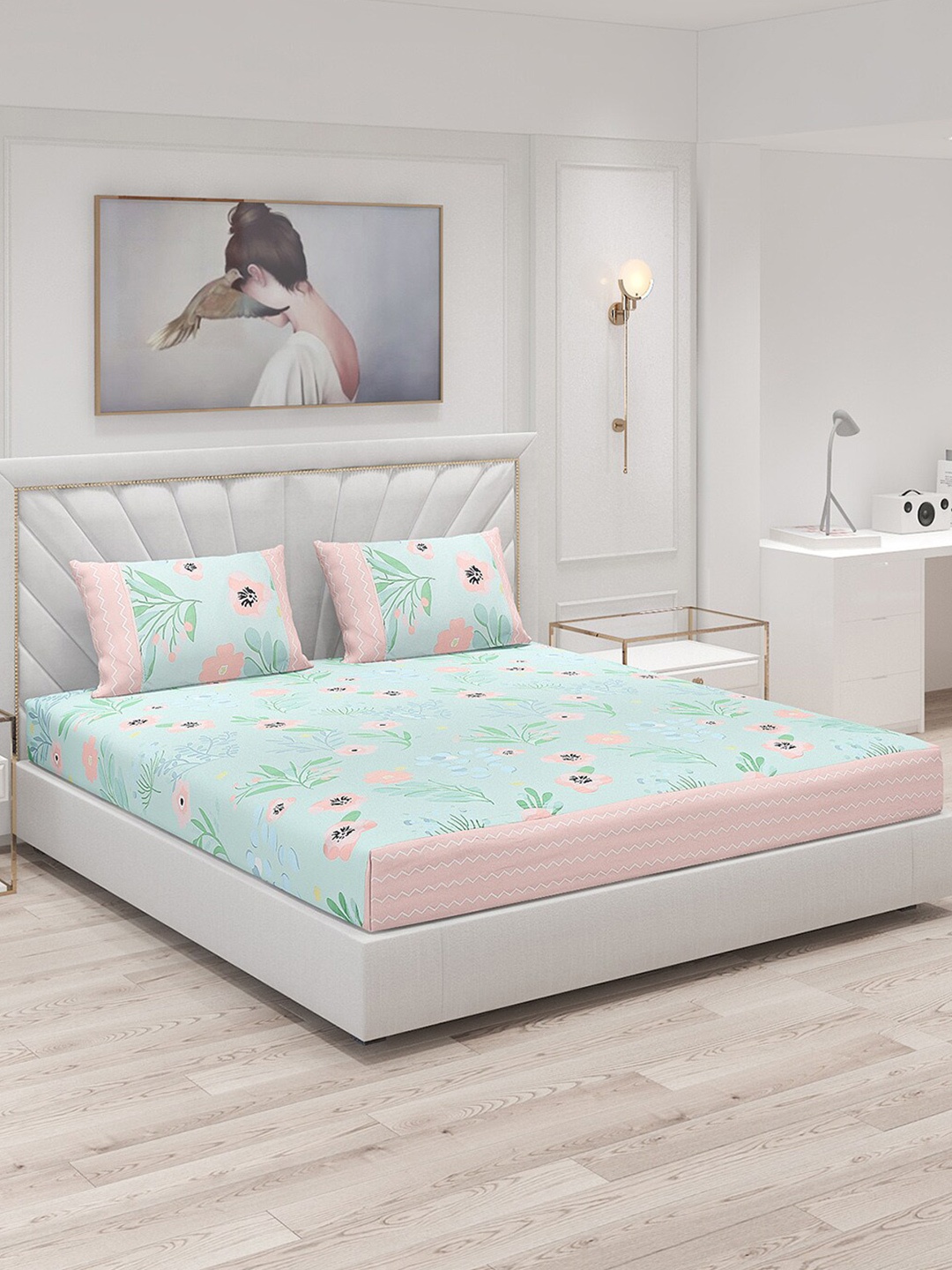 

Monte Carlo Sea Green & Pink Floral Polyester 130 TC King Bedsheet With 2 Pillow Covers