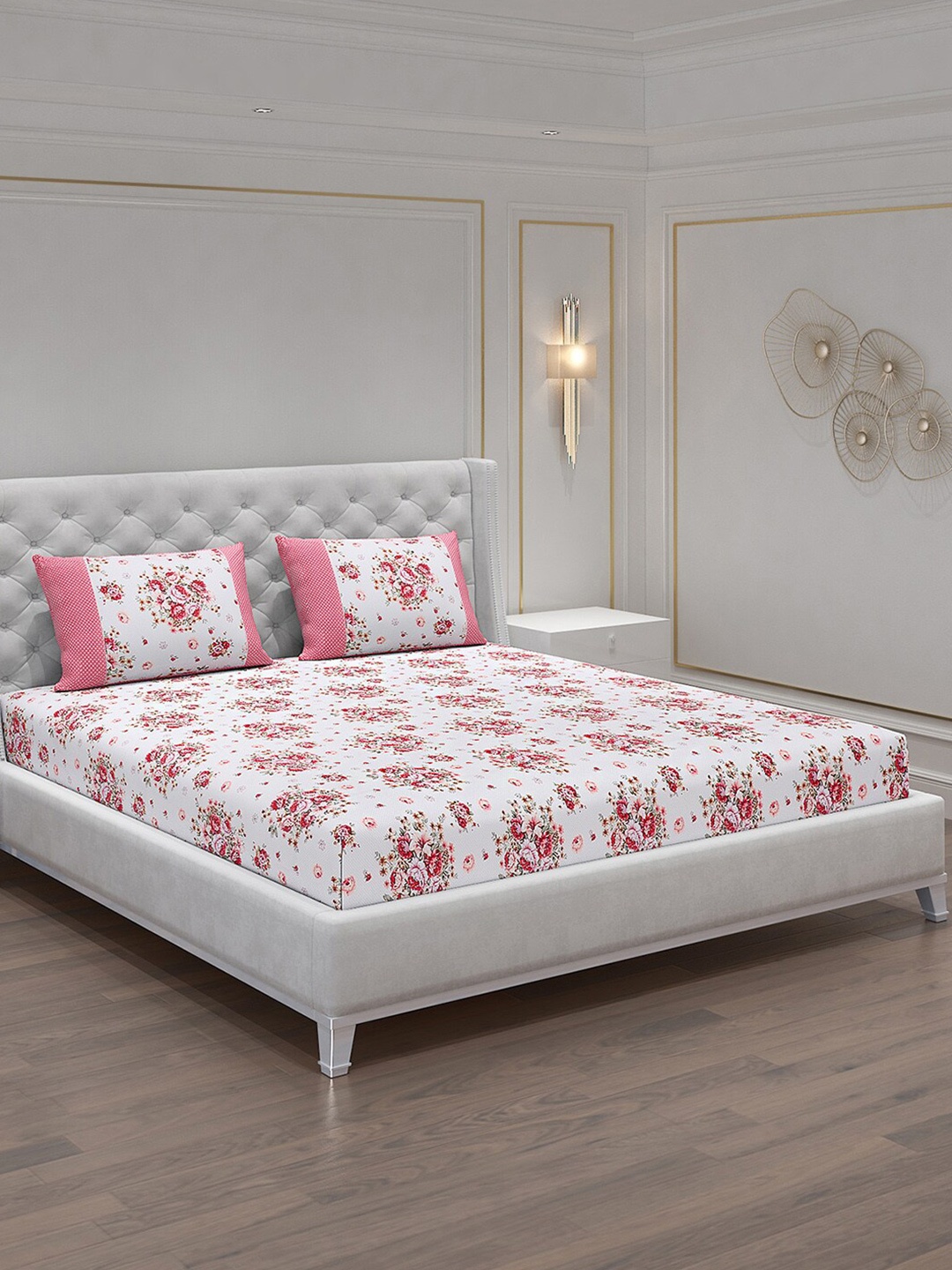 

Monte Carlo Vibrant White & Pink Floral 130 TC King Bedsheet with 2 Pillow Covers