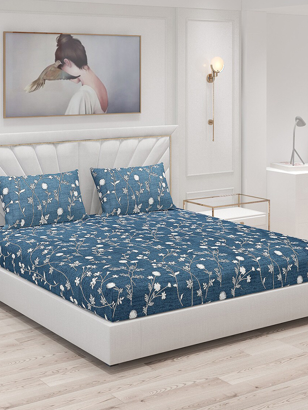 

Monte Carlo Inspire Teal Blue & White Floral 130 TC King Bedsheet with 2 Pillow Covers
