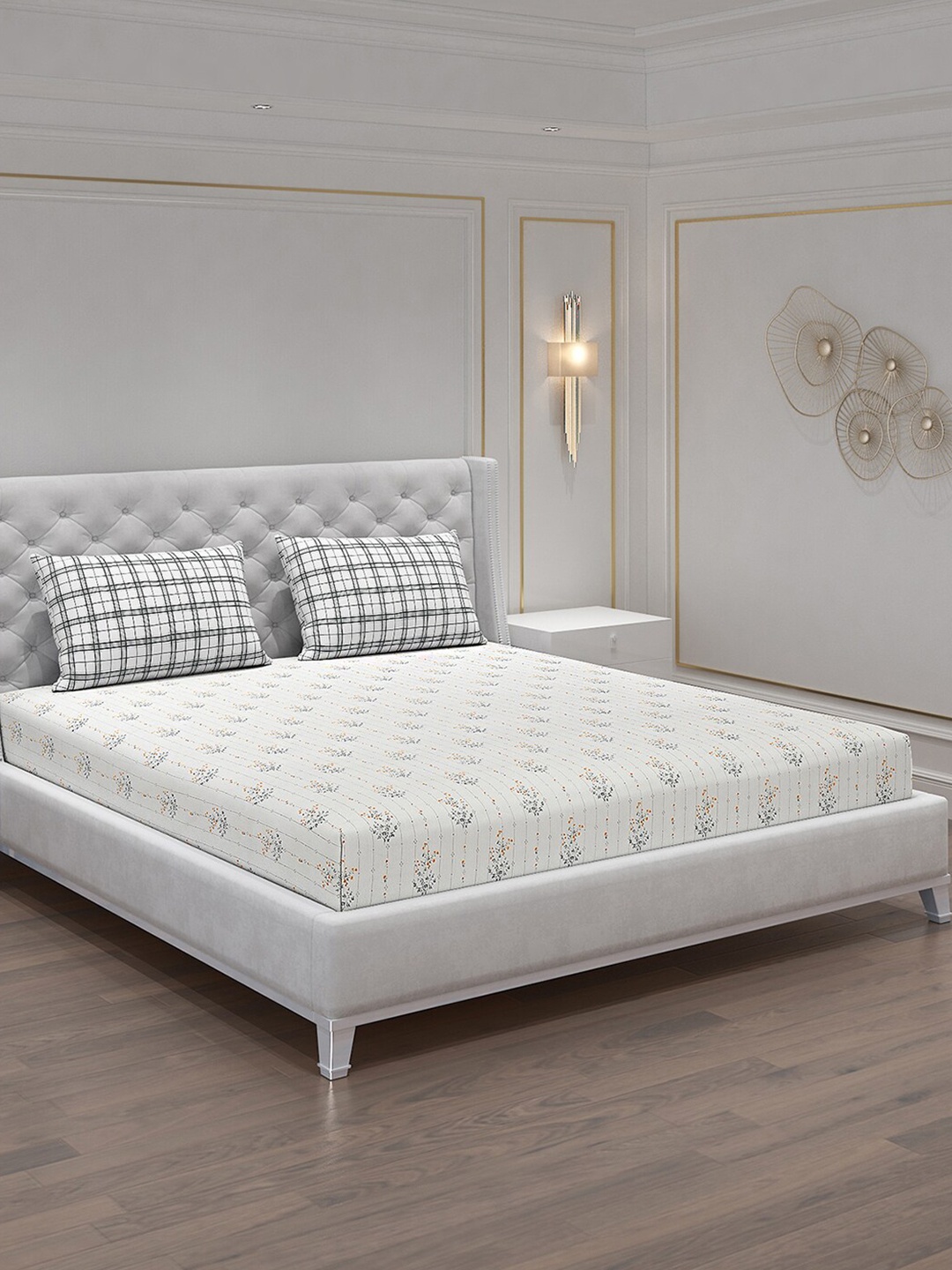 

Monte Carlo Beige & White Floral Printed 120 TC King Bedsheet with 2 Pillow Covers