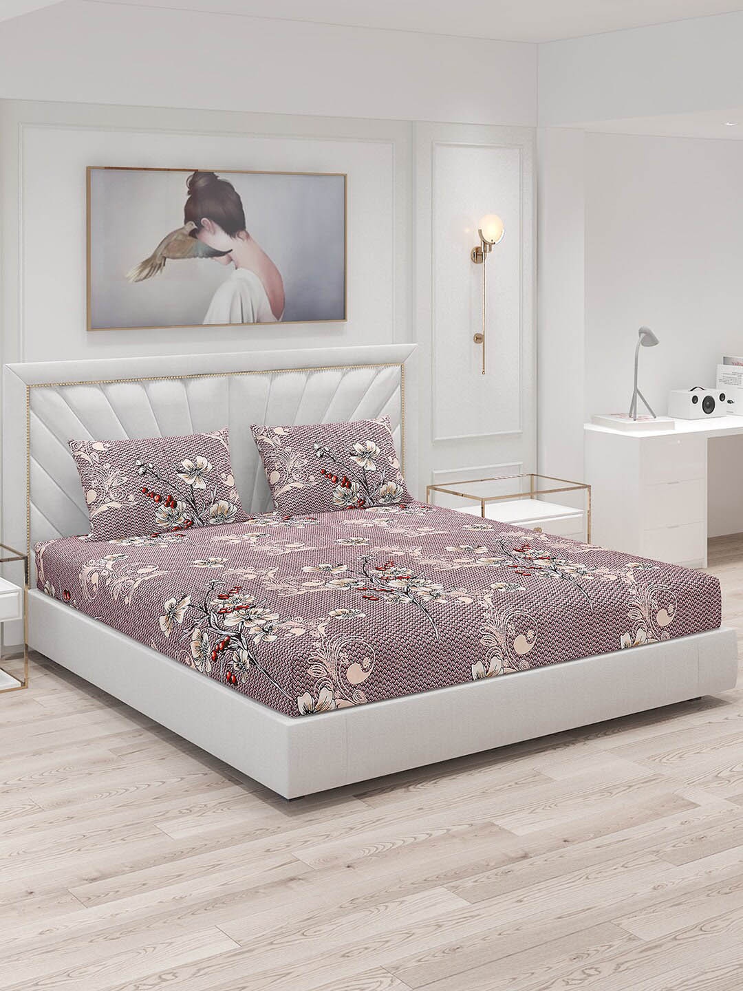 

Monte Carlo Brown & White Floral Printed 124 TC King Bedsheet with 2 Pillow Covers