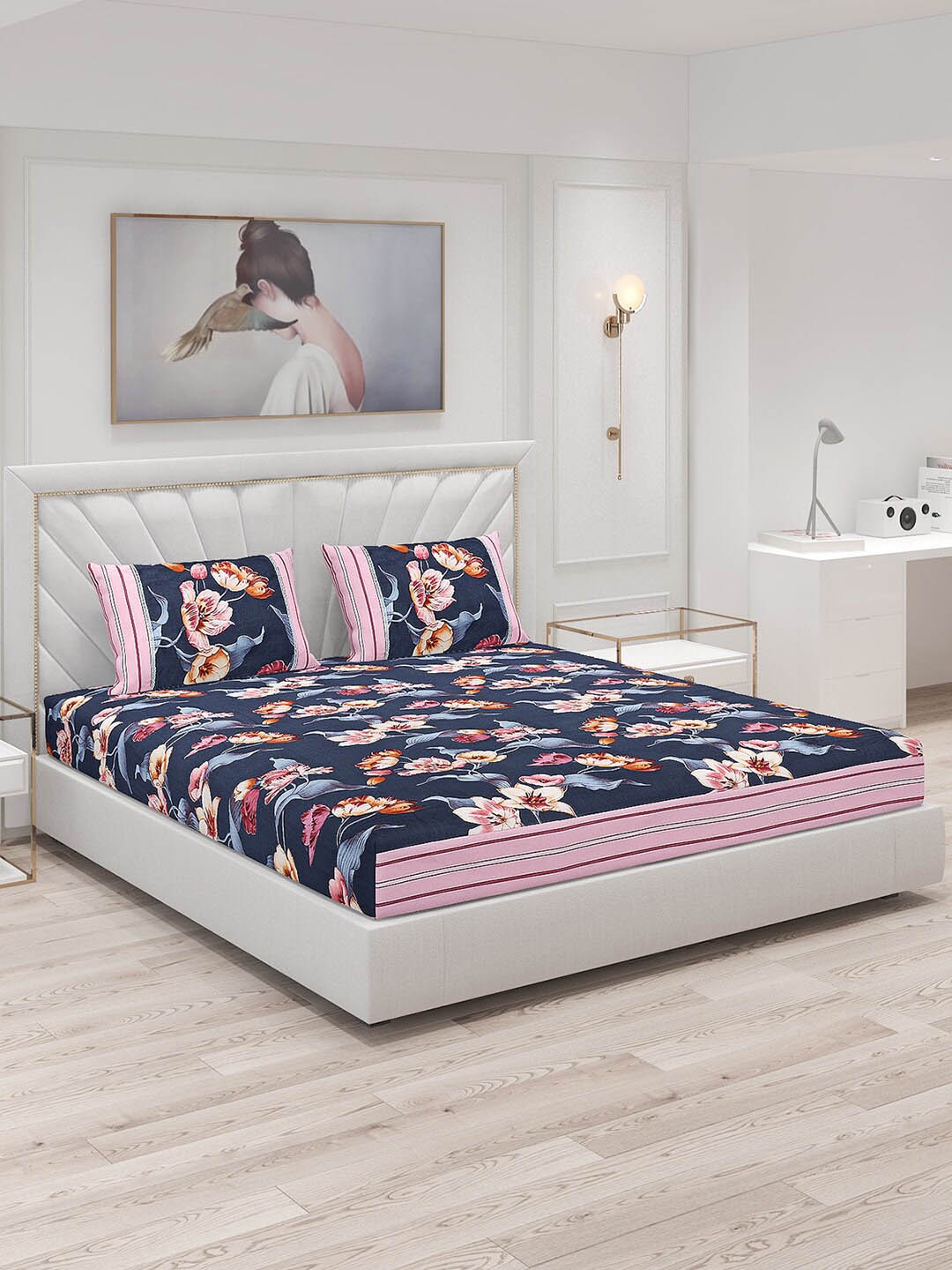

Monte Carlo Navy Blue & Pink Floral 130 TC King Bedsheet With 2 Pillow Covers