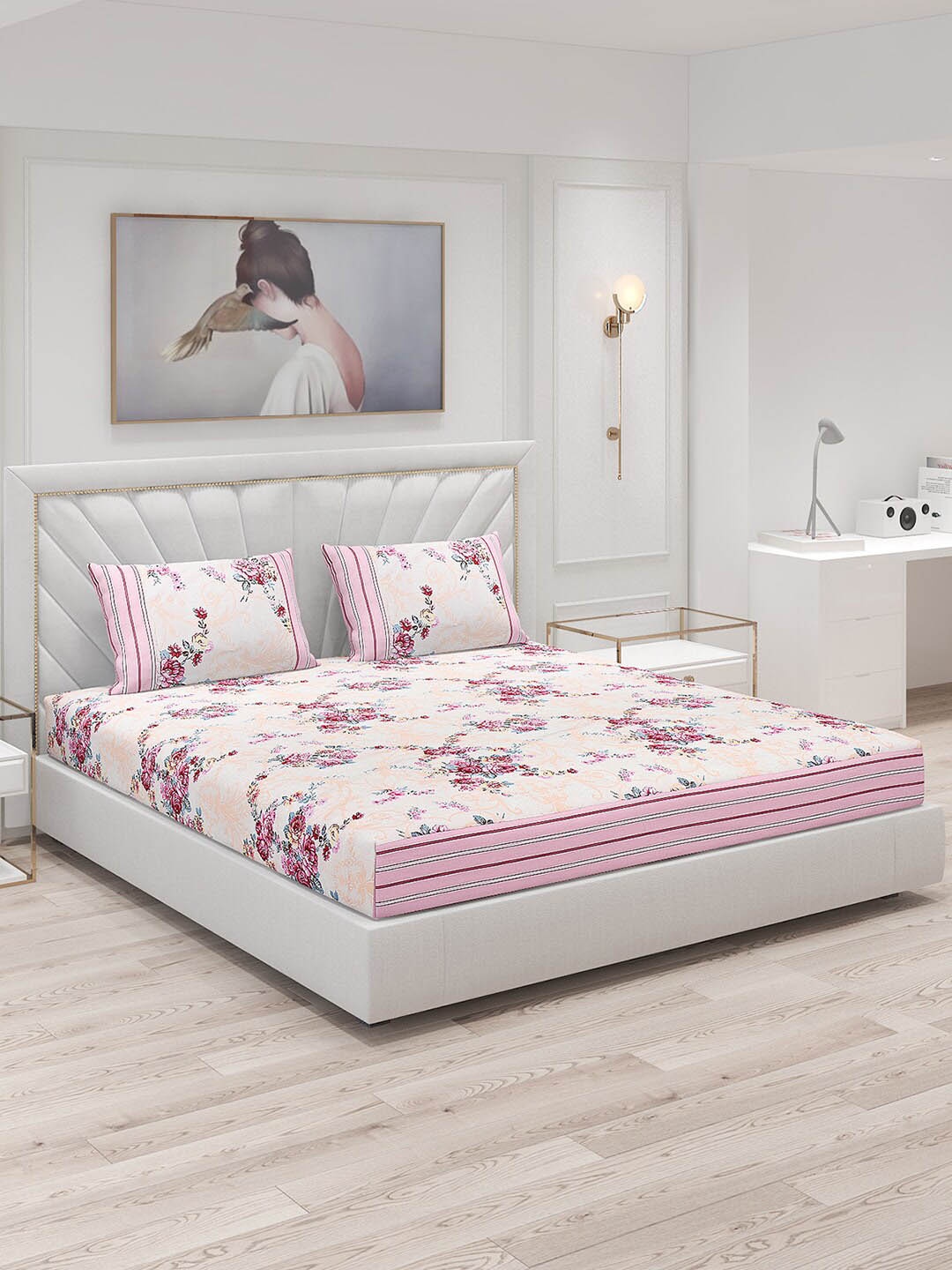 

Monte Carlo Pink & White Floral 130 TC King Bedsheet with 2 Pillow Covers