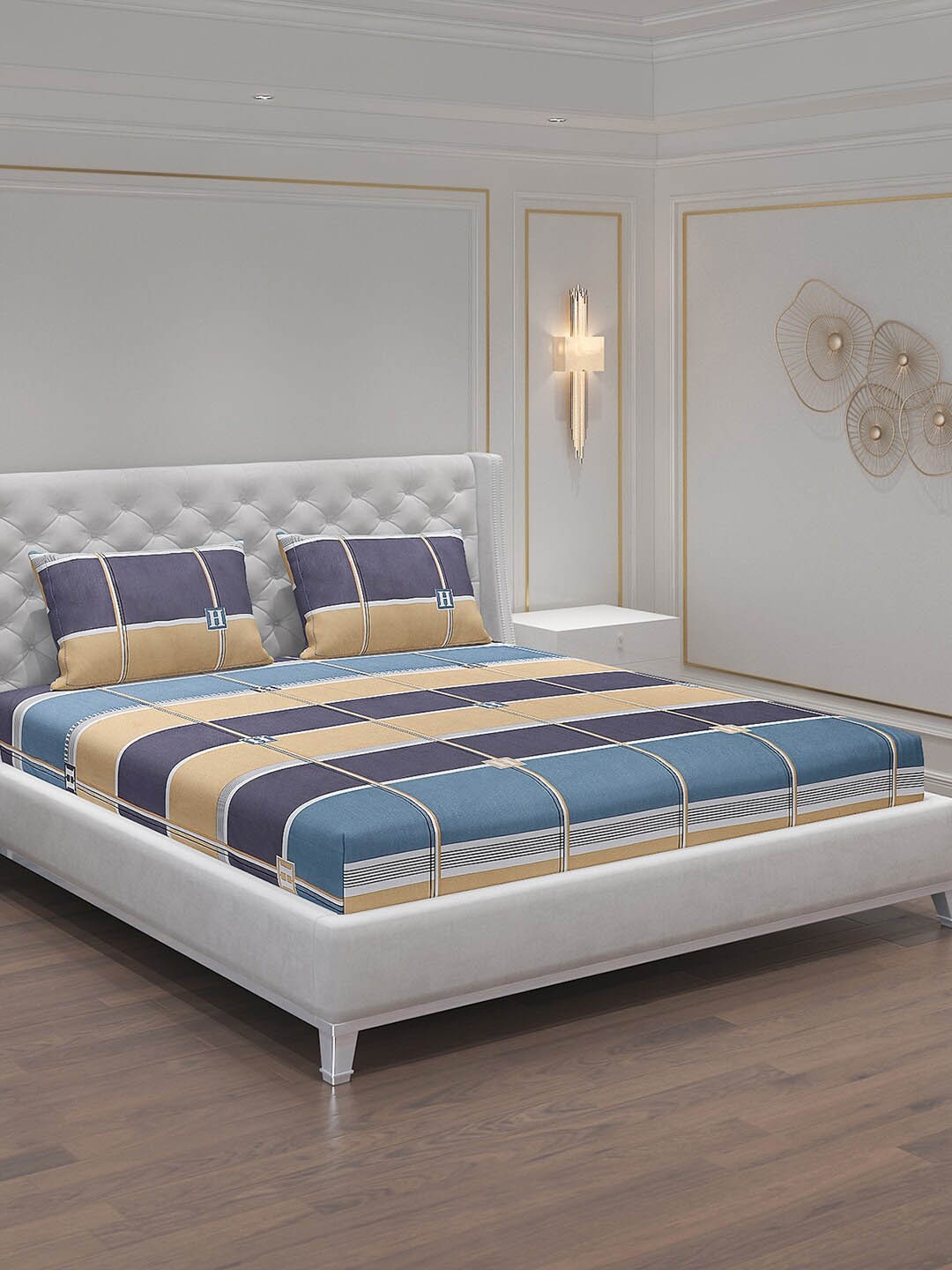

Monte Carlo Vincent Teal Blue & Beige Geometric 140 TC King Bedsheet with 2 Pillow Covers